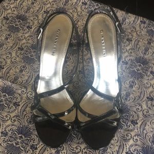 Black patent platform heels